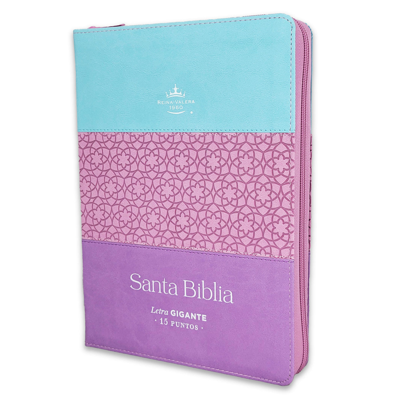Biblia RVR1960 Gigante - Imitación Piel, Tricolor Azul/Rosa/Lila, Letra 15 puntos, Con Cierre e Índice
