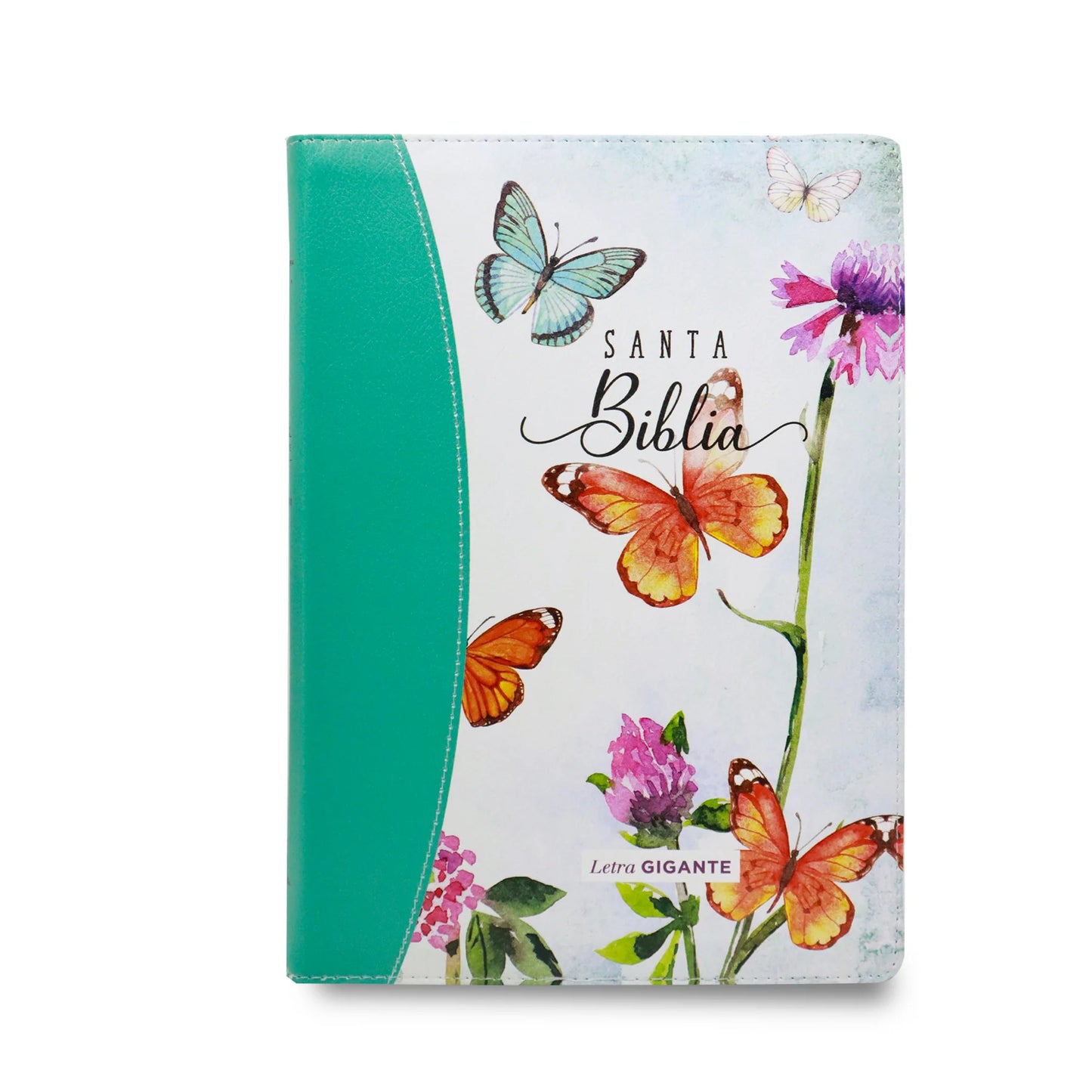 Biblia RVR1960, Tamaño Grande, Imitación Piel, Color Aqua Mariposas, Con Cierre e Indice