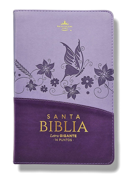 Biblia RVR1960 Tamaño Manual -  Color Lila con Flores, Cierre, Indices, Letra 14 Puntos
