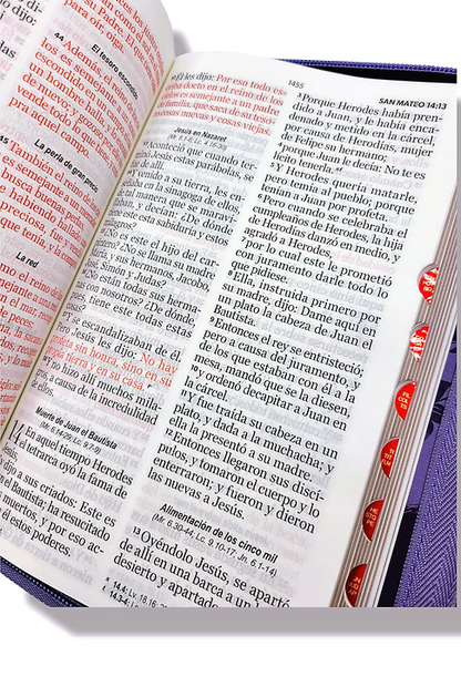 Biblia RVR1960 Tamaño Manual -  Color Lila con Flores, Cierre, Indices, Letra 14 Puntos