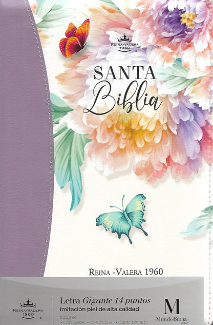 Biblia RVR1960 Para Mujer -   Tamaño Manual, Estilo Jardín Lila, Letra Gigante 14 puntos Con Indice