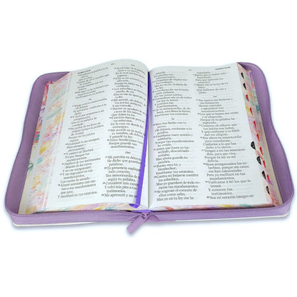 Biblia RVR1960 Para Mujer -   Tamaño Manual, Estilo Jardín Lila, Letra Gigante 14 puntos Con Indice