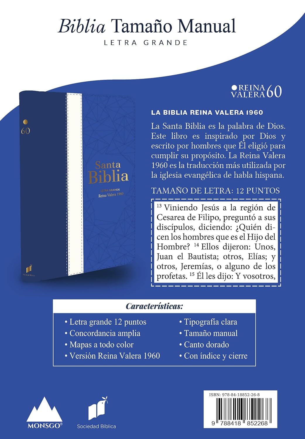 Biblia RVR60 Tamaño manual - Tricolor: azul/crema/azul marino con indice y cierre, Letra 12 Puntos