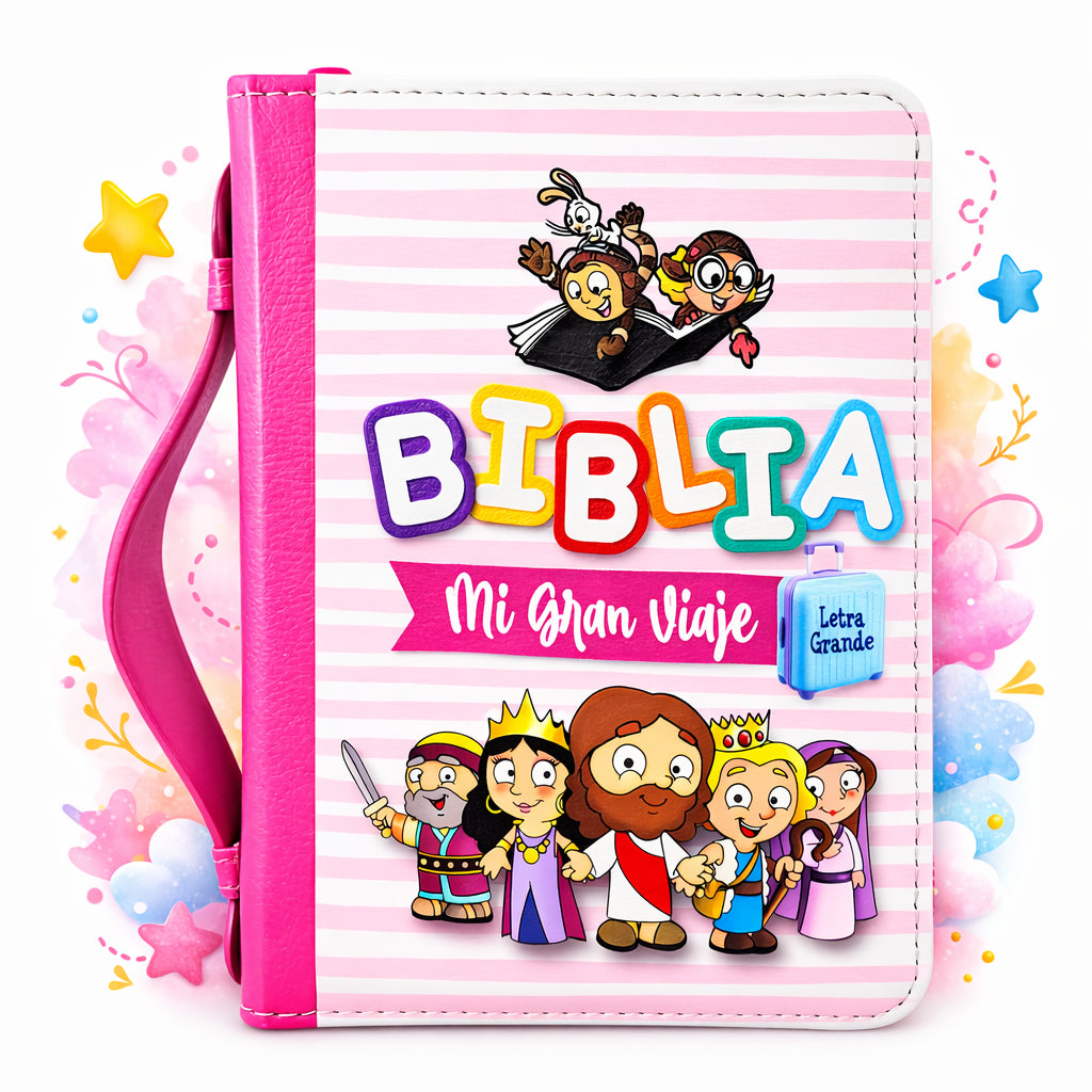 Biblia RVR1960 Mi Gran Viaje Para Niñas - Tamaño Compacta, Color Rosa Rayas, Letra 10 puntos