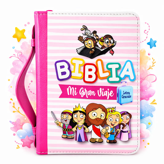 Biblia RVR1960 Mi Gran Viaje Para Niñas - Tamaño Compacta, Color Rosa Rayas, Letra 10 puntos