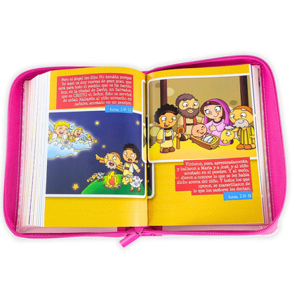 Biblia RVR1960 Mi Gran Viaje Para Niñas - Tamaño Compacta, Color Rosa Rayas, Letra 10 puntos