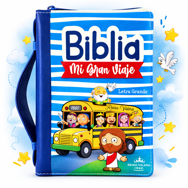 Biblia RVR1960 Mi Gran Viaje Para Niños - Tamaño Compacta, Color Azul Rayas Autobus, Letra 10 puntos
