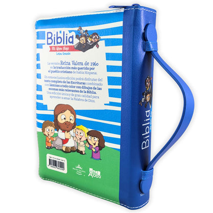 Biblia RVR1960 Mi Gran Viaje Para Niños - Tamaño Compacta, Color Azul Rayas Autobus, Letra 10 puntos