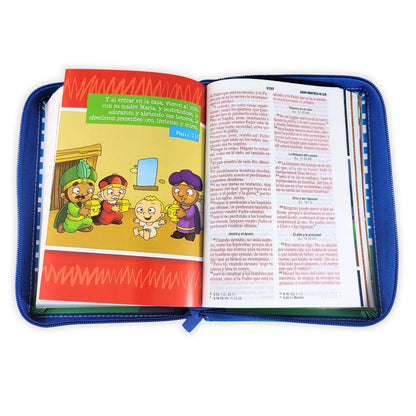 Biblia RVR1960 Mi Gran Viaje Para Niños - Tamaño Compacta, Color Azul Rayas Autobus, Letra 10 puntos