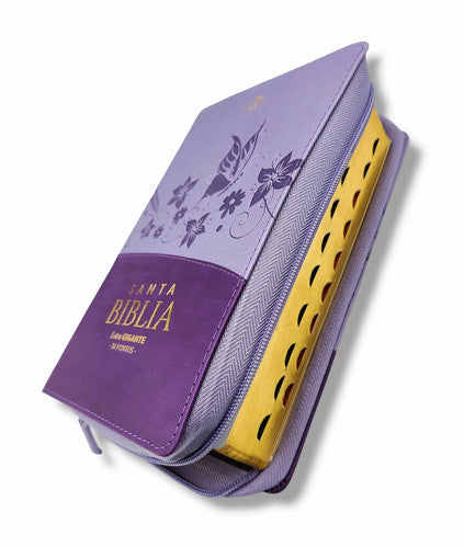 Biblia RVR1960 Tamaño Manual -  Color Lila con Flores, Cierre, Indices, Letra 14 Puntos